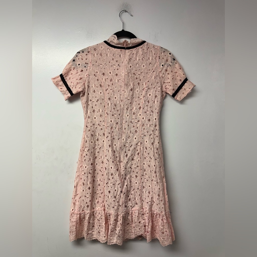 Urban Style Jun Pink Lace Eyelet Mini Dress M Black Bow Coquette Balletcore Y - Picture 4 of 7